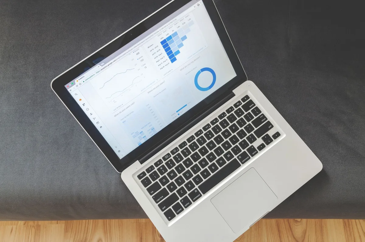 Laptop screen showing an ecommerce sales and traffic analytics dashboard