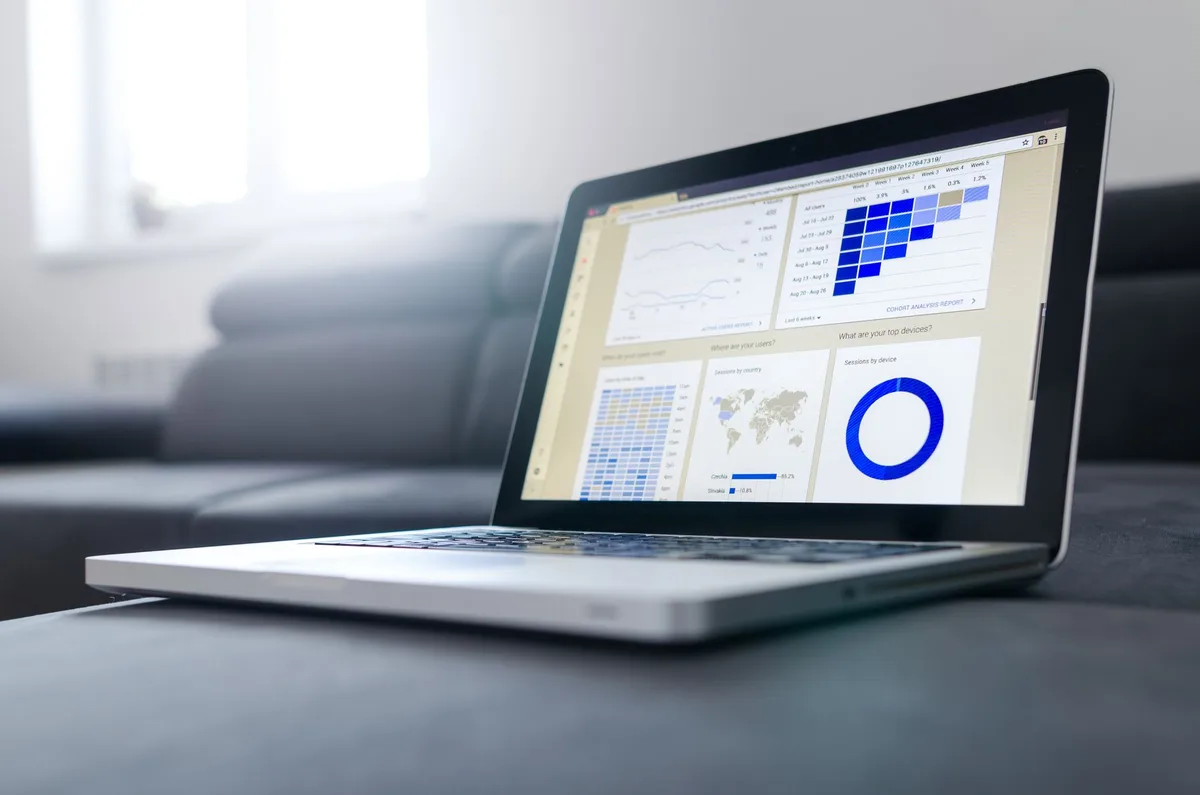 Data analytics dashboard showing ecommerce marketing performance metrics and growth charts
