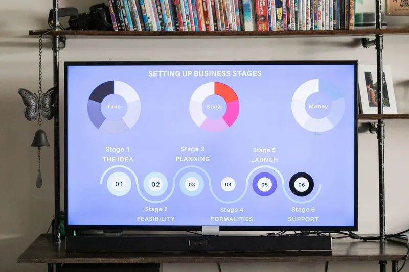 Business planning icons displayed on screen representing marketing workflow strategy